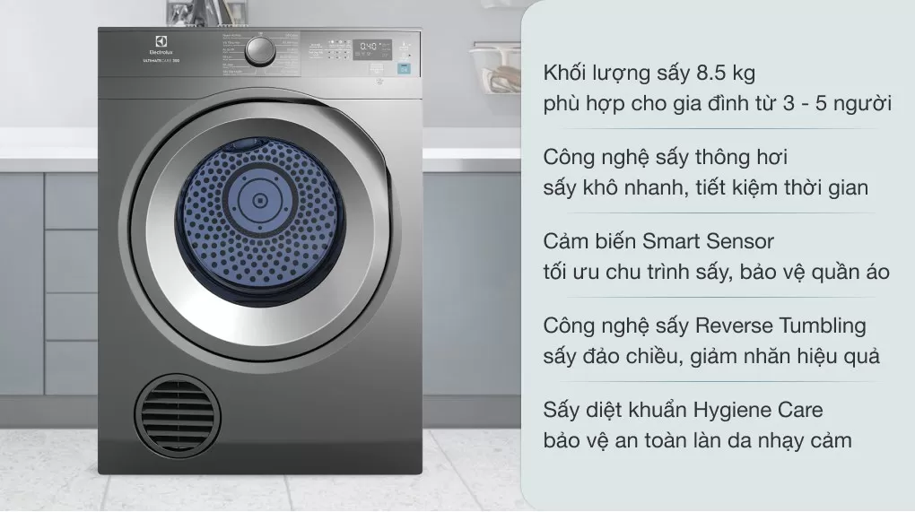 Máy Sấy Thông Hơi Electrolux 8.5 Kg EDS854N3SB