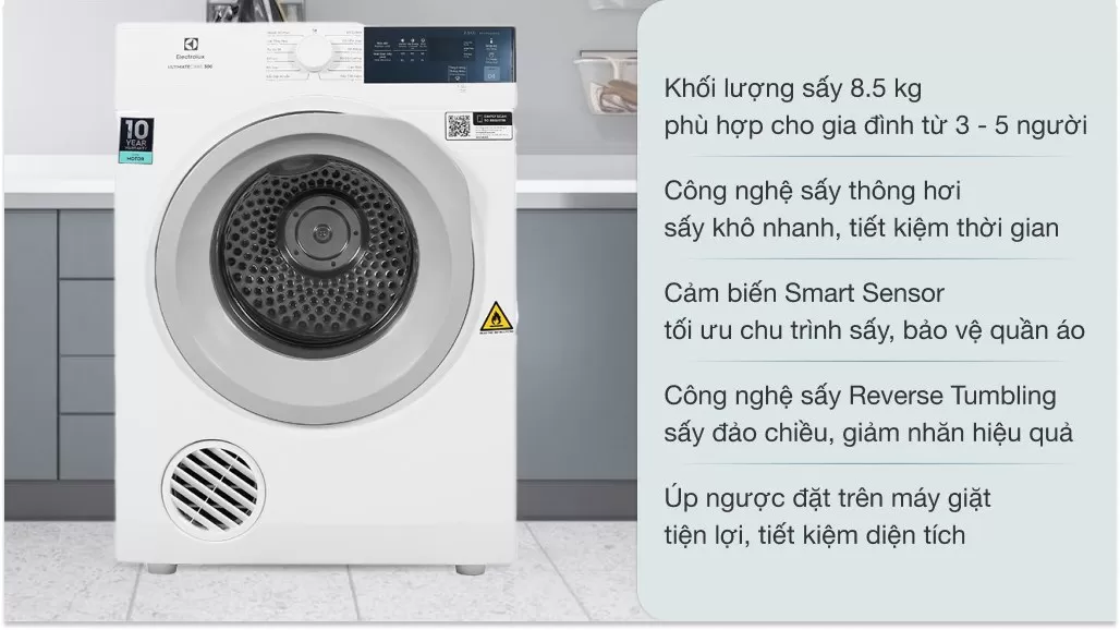 Máy Sấy Thông Hơi Electrolux 8.5 Kg EDV854J3WB