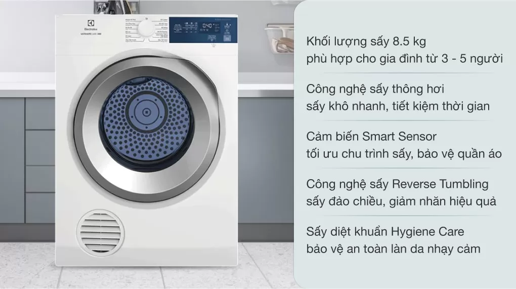 Máy Sấy Thông Hơi Electrolux 8.5 Kg EDS854J3WB